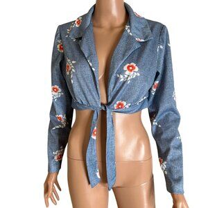 Vintage Sears 70'stop cropped front tie blue floral print long sleeve blouse